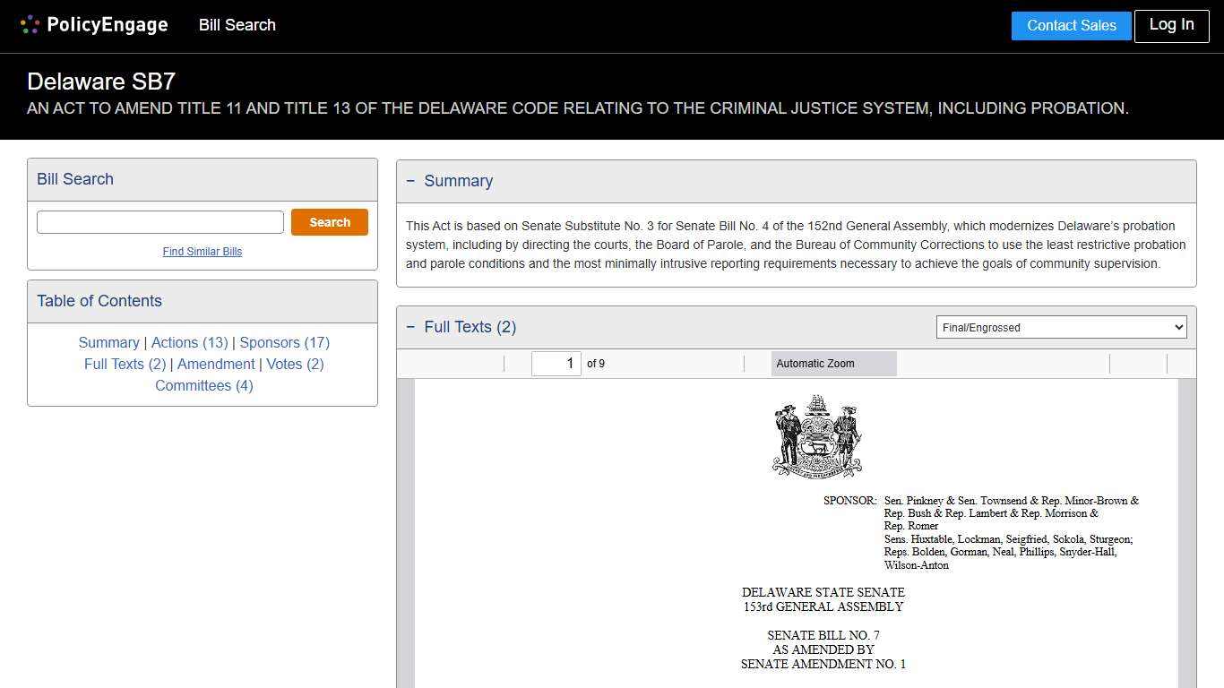 SB7 Delaware 2025-2026 AN ACT TO AMEND TITLE 11 AND TITLE 13 OF THE DELAWARE CODE RELATING TO THE CRIMINAL JUSTICE SYSTEM, INCLUDING PROBATION. - Legislative Tracking PolicyEngage