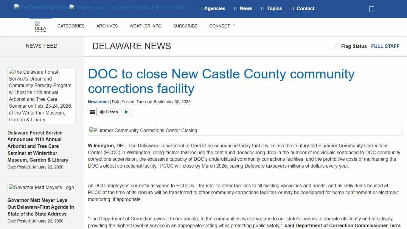 DOC to close New Castle County community corrections facility - State of Delaware News